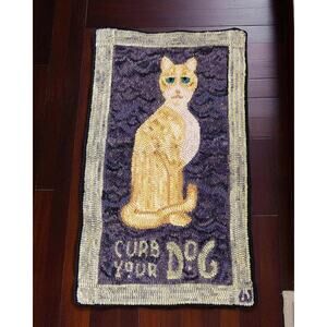 CAT Woven Wall Hanging Rug Yellow Tabby "Curb Your Dog" Purple 21" x 12.5"